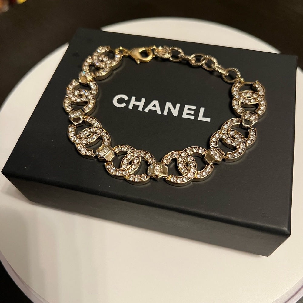 CHANEL Gold Crystal CC Link Bracelet
